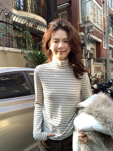 一勺甜 hers冬上新！休闲磨毛条纹高领打底衫女弹力加厚内搭92799