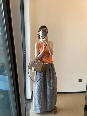 METWO 8833#格子灯笼半身裙女2025夏季新款高腰显瘦宽松花苞半裙