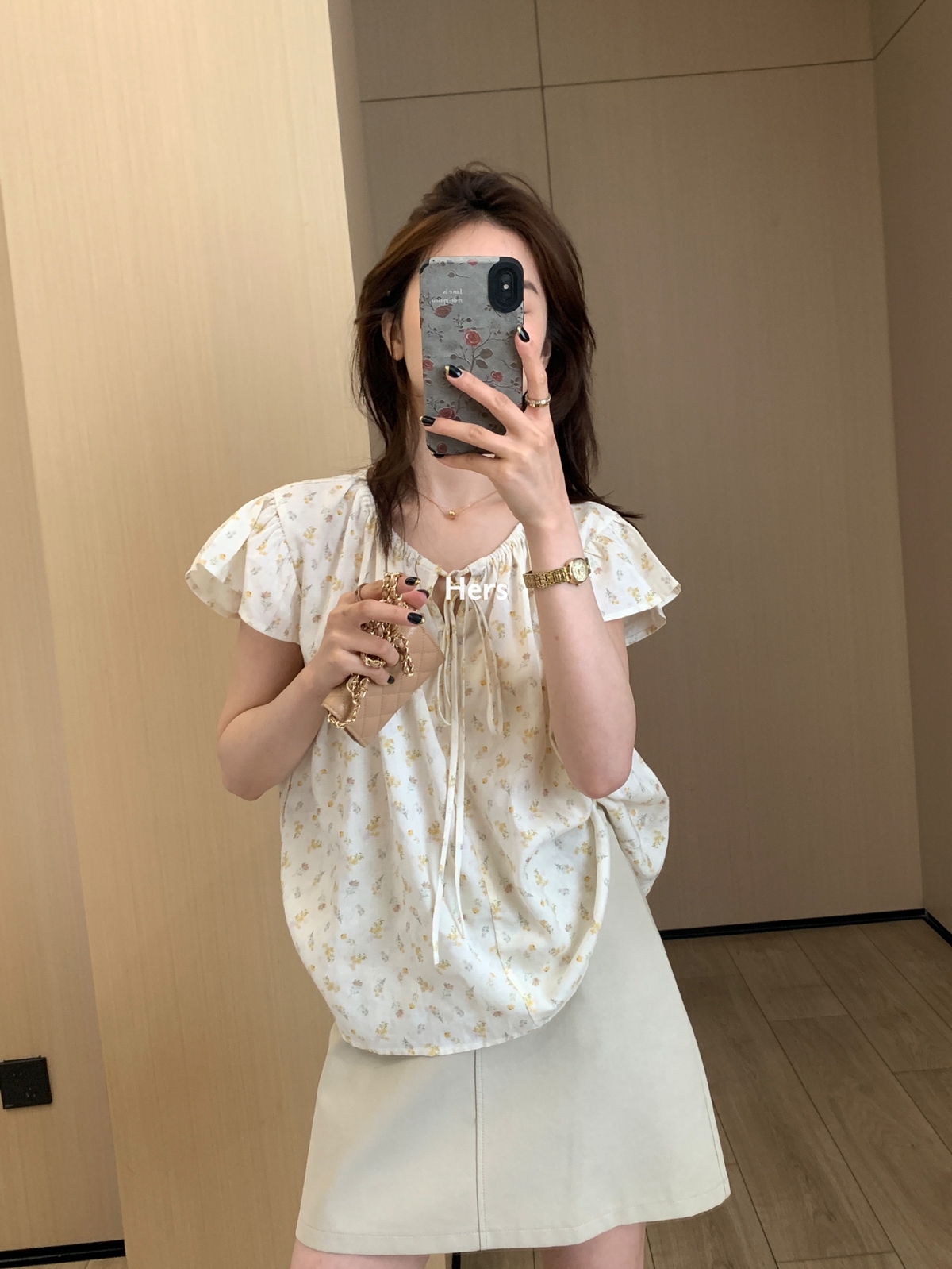 METWO hers韩系简约小飞袖碎花小衫女2025夏季系带小众衬衫 20934