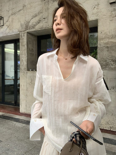 hers舒适亚麻宽松性感V领衬衫女