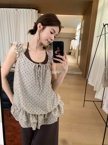 Hers假两件波点挂脖小衫套装女