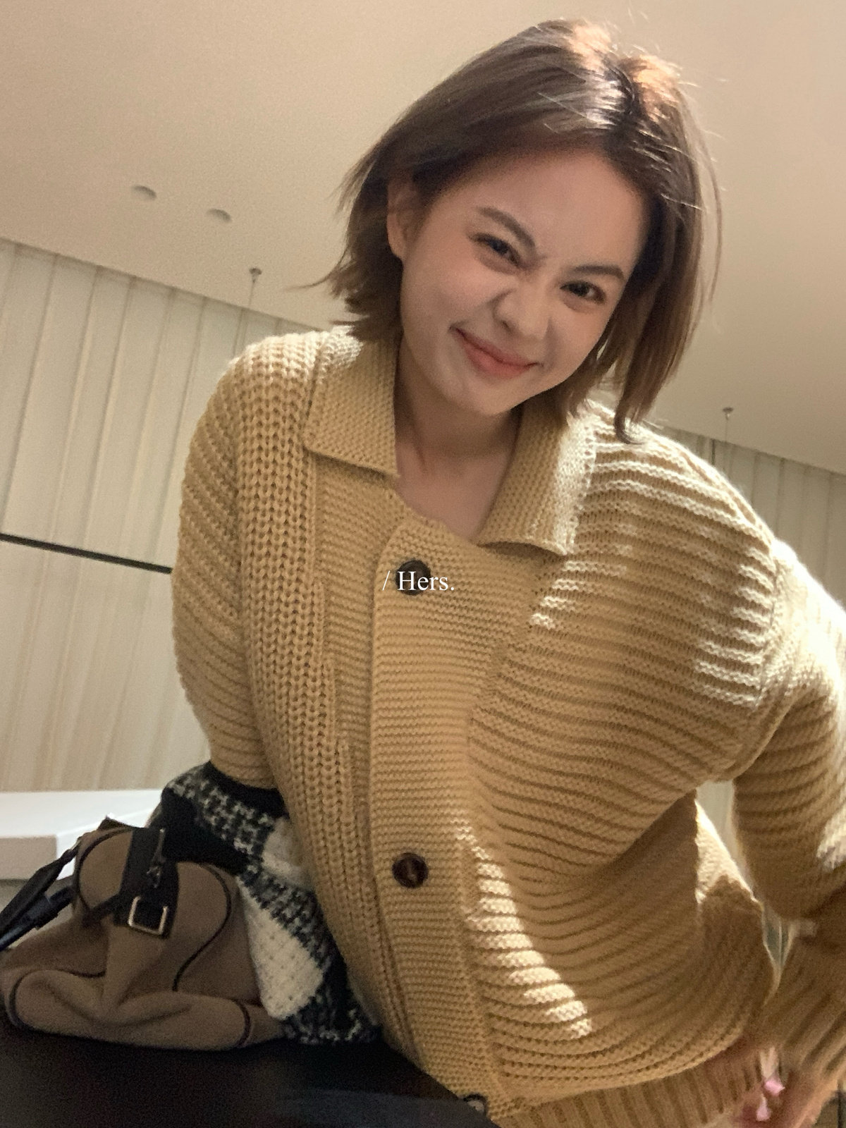 Hers复古polo领单排扣大毛衣女