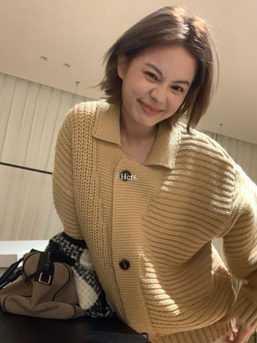 Hers复古polo领单排扣大毛衣女