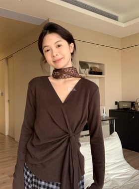 一勺甜 hers韩标！气质轻薄v领绑带针织衫女2025秋长袖上衣92316