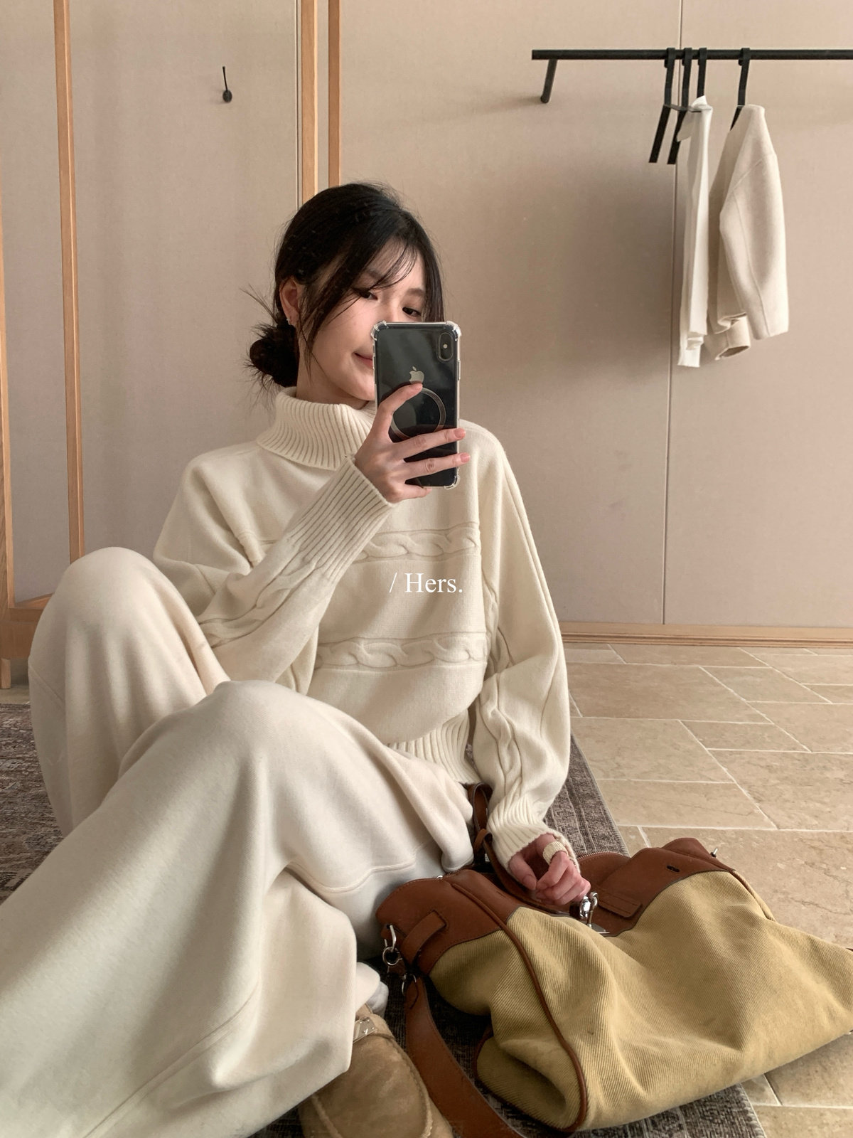 Hers复古麻花翻领蝙蝠袖毛衣女
