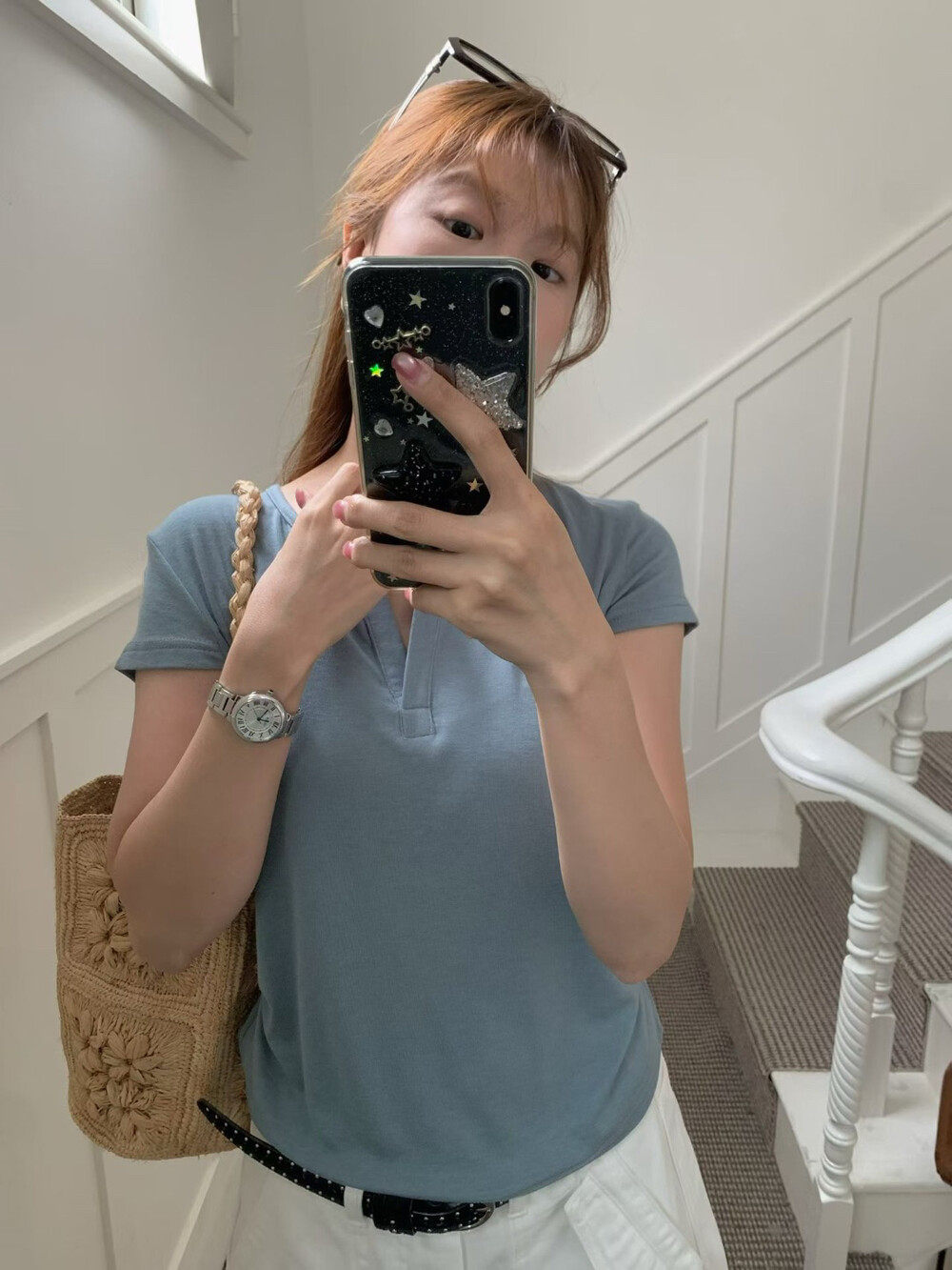 HaveU开衩v领大弹力短袖T恤女