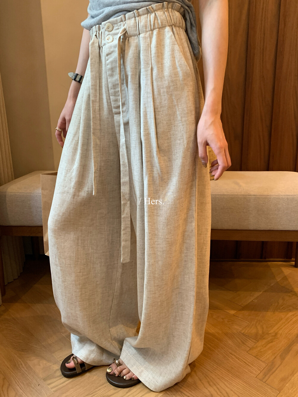 Hers透气苎麻天丝抽绳休闲裤女