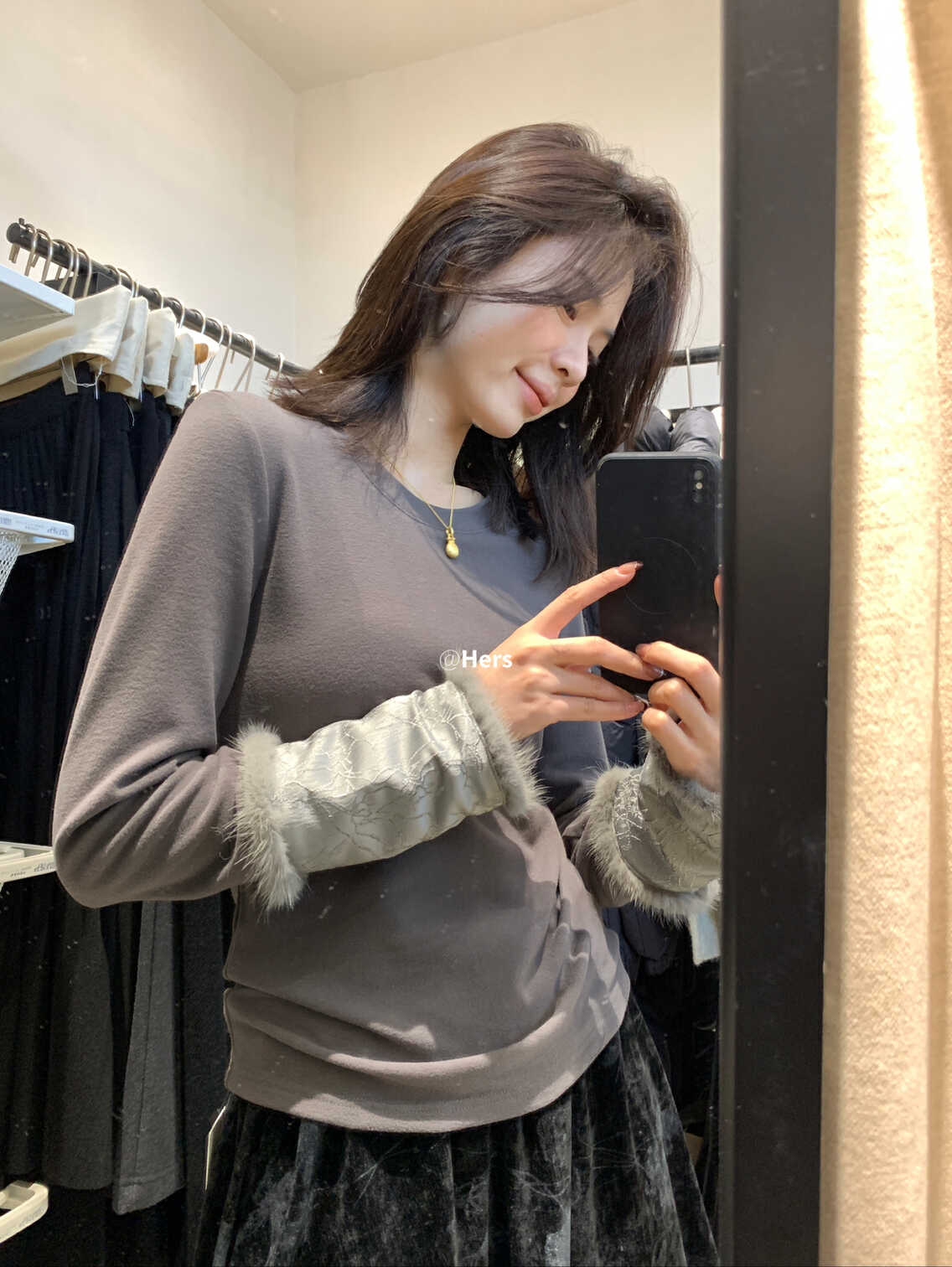 METWO 一勺甜10575灰色双面绒拼接新中式打底衫 女冬季国风上衣