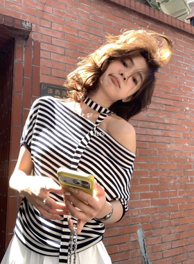 一勺甜【Hers】韩标可斜肩/一字领穿气质条纹针织衫(配飘带)08174