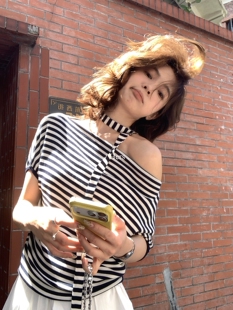 配飘带 一勺甜 一字领穿气质条纹针织衫 韩标可斜肩 08174 Hers