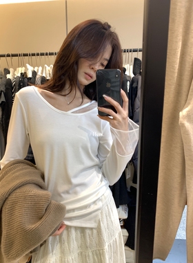 一勺甜 hers气质日常百搭纱纱拼接长袖T恤女2025秋冬打底衫 92329