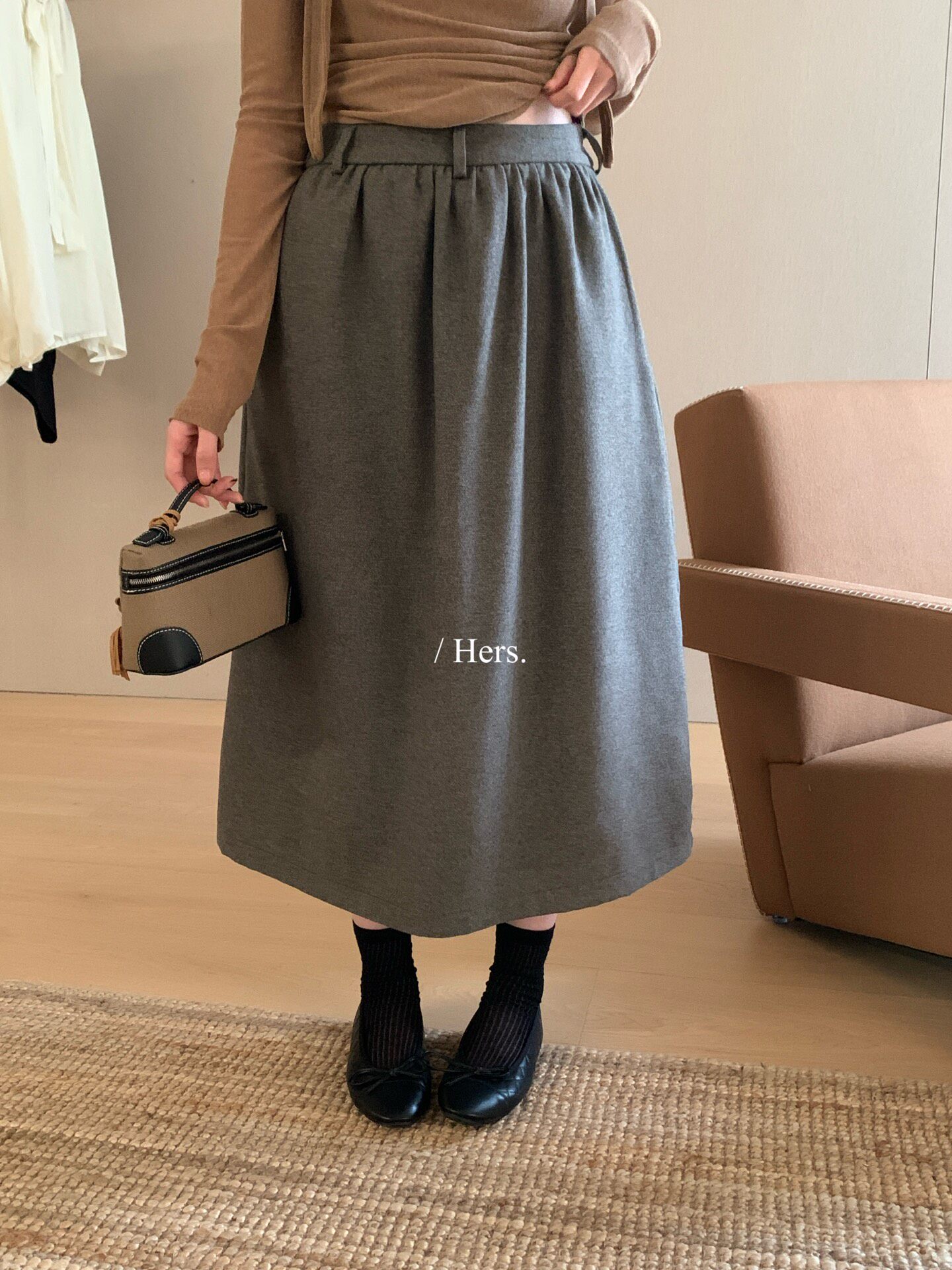 hers高腰百搭简约休闲毛呢半裙女