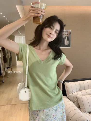 LIMON雪花亚麻V领短袖T恤女