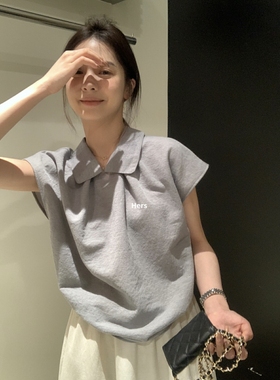 METWO hers灰色polo娃娃领小飞袖雪纺衫女夏季新款法式上衣9532
