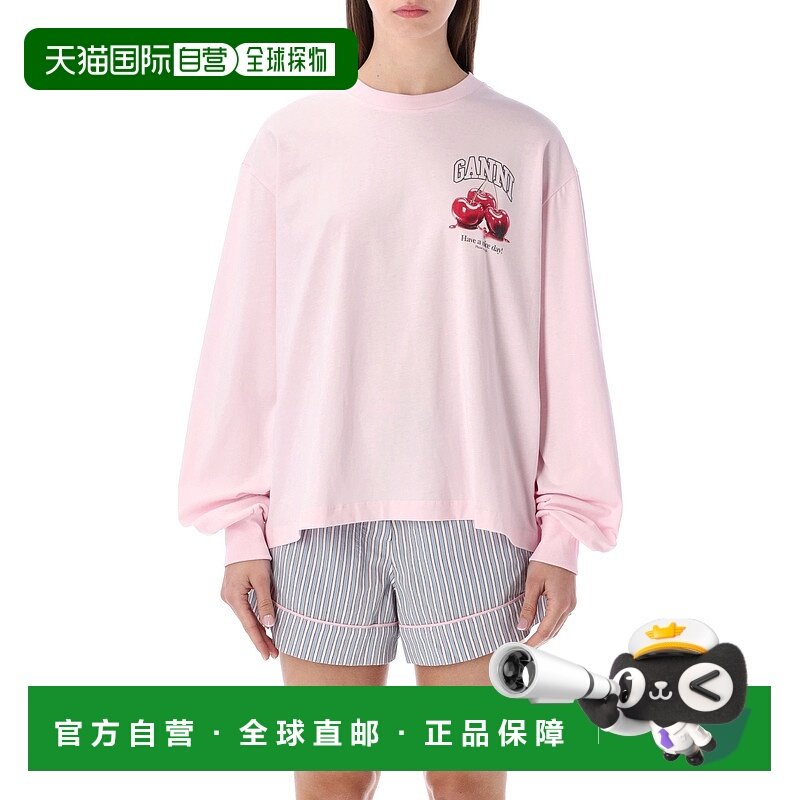 1h可退 潮奢 GANNI 甘尼 女士 粉色樱桃红长袖T恤 A1050059110268