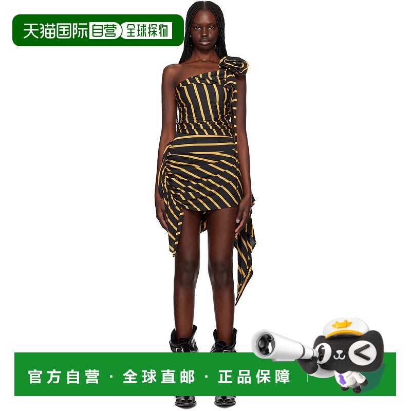 1h可退 潮奢 Vaquera 女士 黑色 & 黄色 Striped Rose 连衣裙 VAQ