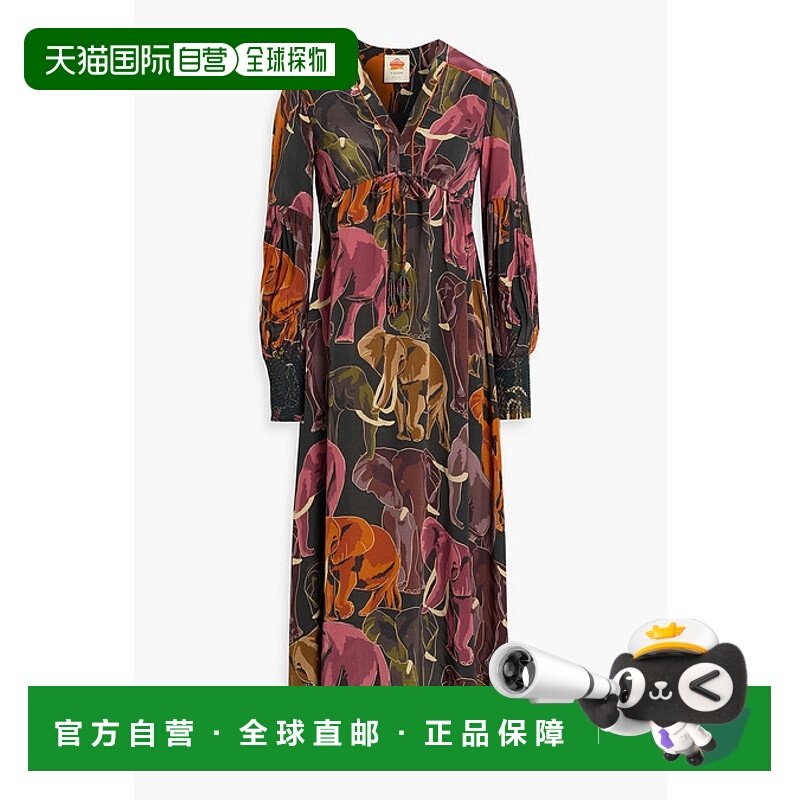 1h可退 潮奢 FARM RIO 女士 褶皱印花双绉中长连衣裙 329590ELEPH