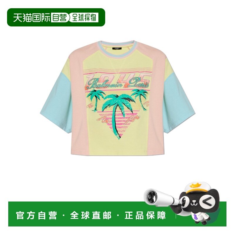 BALMAIN 女士T恤 DF1EE081GD72IFT CO 黄色 圆领印花T恤