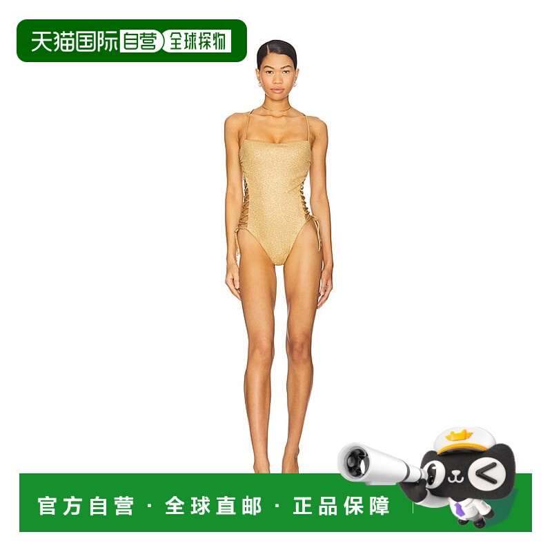 1h可退 潮奢 Luli Fama 女士 Sunset 金色方形领绑带连身泳衣 L82
