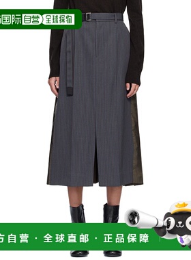 1h可退 潮奢 Sacai 女士 灰色 & 卡其色 Stripe Doeskin 半身裙 2
