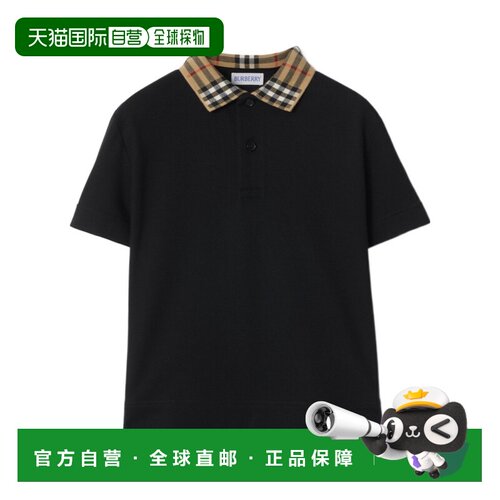 BURBERRY 男童T恤 81055701 CO 黑色 格纹领棉质 Polo 衫