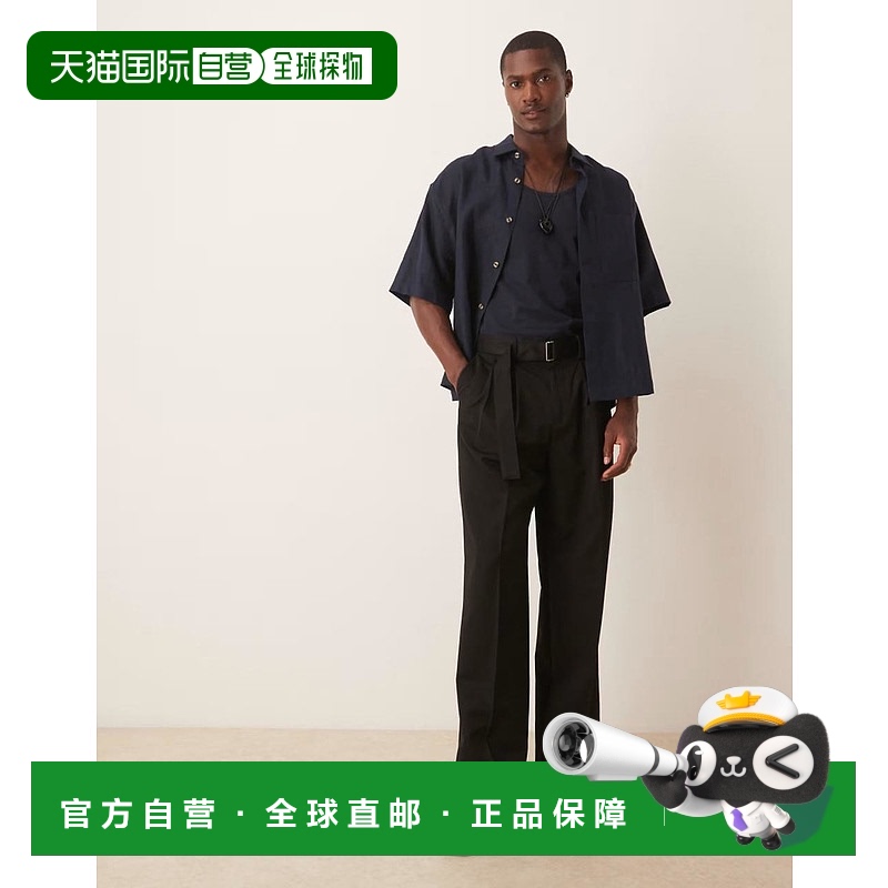 1h可退 潮奢 ASOS 男士 smart 设计束带双打褶阔腿裤(黑色)休闲裤