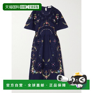 潮奢 Edwina SEA 女士 花朵蕾丝边刺绣棉质中长连衣 海洋 1h可退