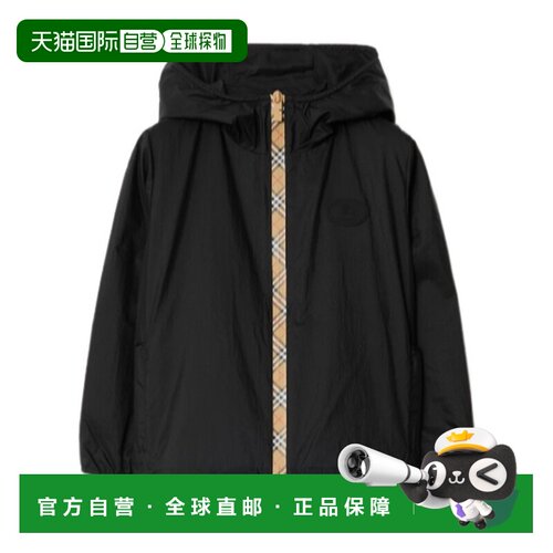 BURBERRY 男童夹克 81202011 SS2026 黑色 格纹饰带连帽外套