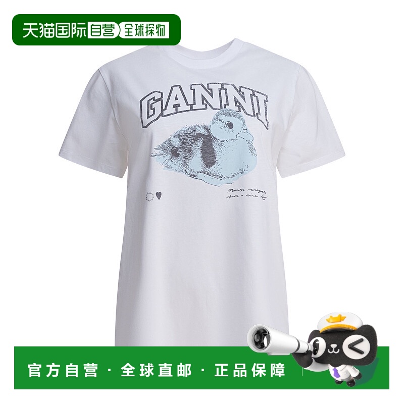 1h可退 GANNI 女士T恤 T4290151 AW2025 白色 Duckie Print Logo