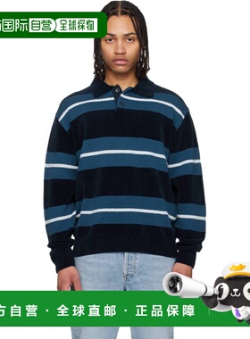 BOSS 波士 男士 蓝色 Cotton-Blend Knit Block Stripes Polo 衫