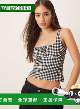 1h可退 潮奢 ASOS 女士 milkmaid 设计褶皱胸部绑带细节方格棉布(