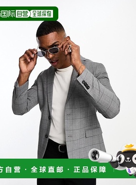 1h可退 潮奢 New Look 纽洛克 男士 紧身格纹西装外套(灰色)