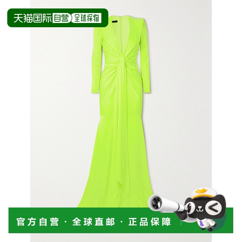 1h可退 潮奢 ALEX PERRY 女士 Quinn 正面系带荧光色缎面绉纱礼服