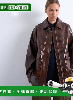 1h可退 潮奢 Topshop 女士 shacket 仿皮光泽杂色贴袋棕色夹克