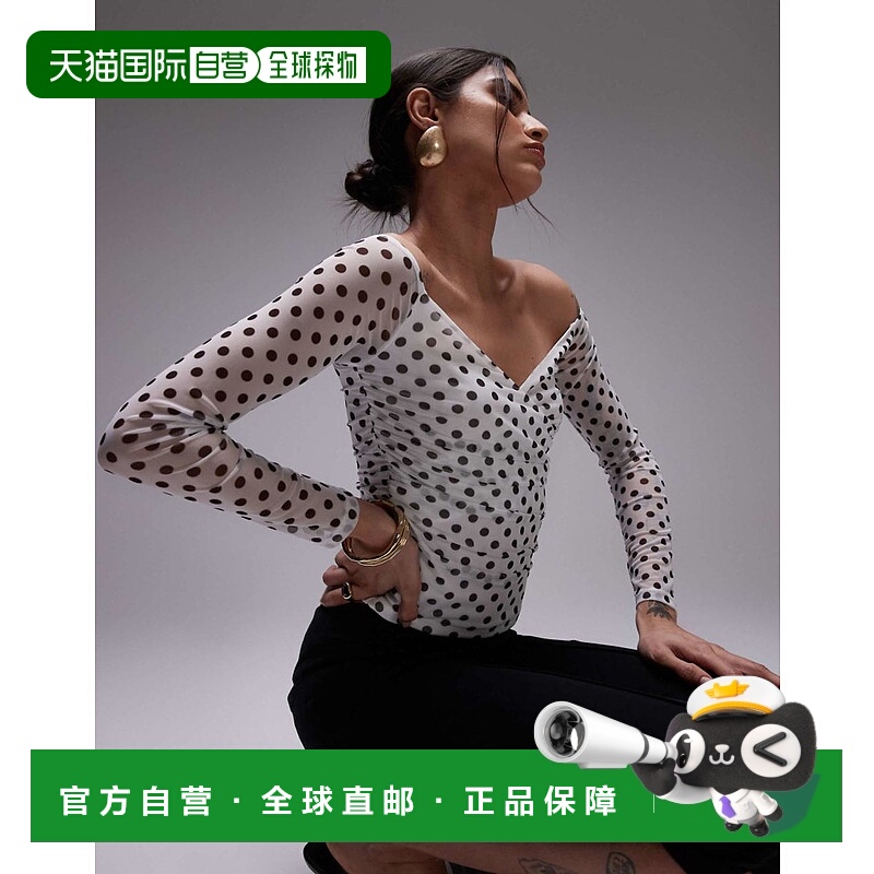 1h可退 潮奢 ASOS 女士 bardot 设计网纱裹式波尔卡圆点上衣(白色