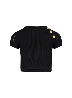 BALMAIN 女士针织衫 CF1AI077KF240PA SS2024 黑色 三扣短袖针织