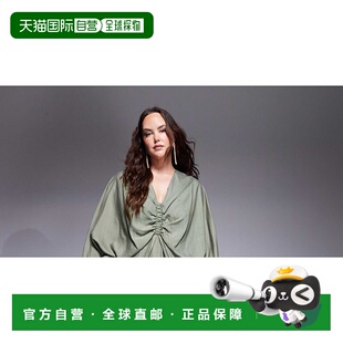 女士 ASOS Curve 设计深V松紧带宽袖 1h可退 柔软卡其色长款 潮奢