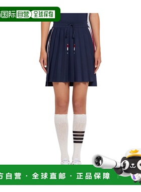 1h可退 奢淘 Thom Browne 海军蓝色嵌花侧条纹半身裙 女 FKK093AY