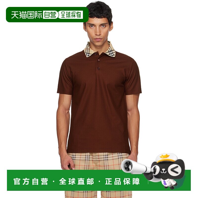 潮奢 Burberry 巴宝莉 男士 酒红色 Check Collar Cotton Polo 衫