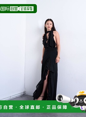 1h可退 潮奢 Topshop 女士 深V皱褶长款礼服(黑色)连衣裙长裙