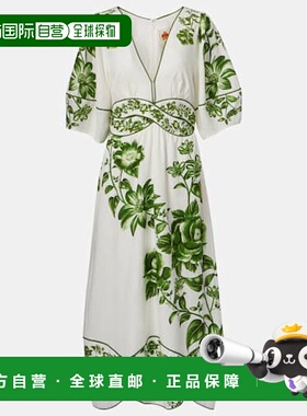 1h可退 潮奢 FARM RIO 女士 Yard 蓝色亚麻混纺中长连衣新款