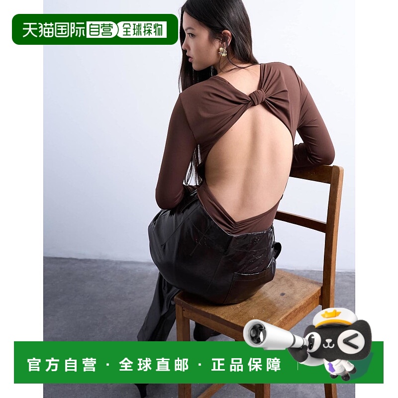 1h可退 潮奢 Topshop 女士 紧身长袖打结后细节巧克力色连体衣