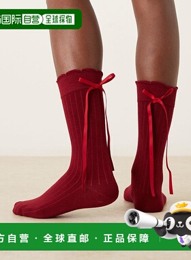 1h可退 潮奢 ASOS 女士 设计缎带酒红色袜子 red红色 舒适时尚