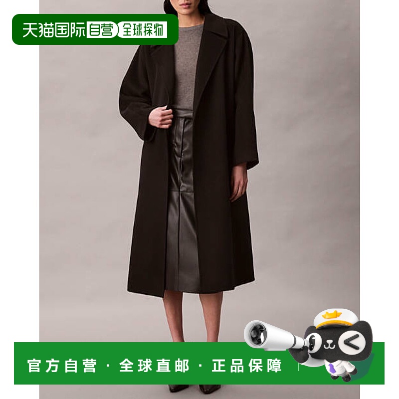 1h可退 潮奢 Calvin Klein 卡尔文 克莱恩 女士 黑色羊毛混纺大衣