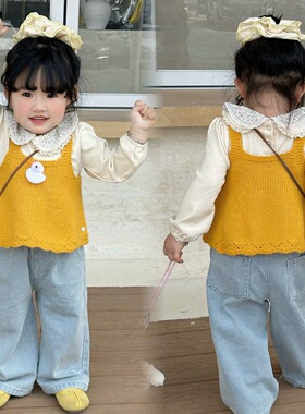 TIMO女童春秋款套装2026春季小黄鸭背心衬衫牛仔阔腿裤三件套批发