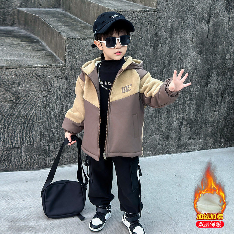 男童加绒外套秋冬2025新款时髦奥利绒风衣棒球服儿童冬季加厚