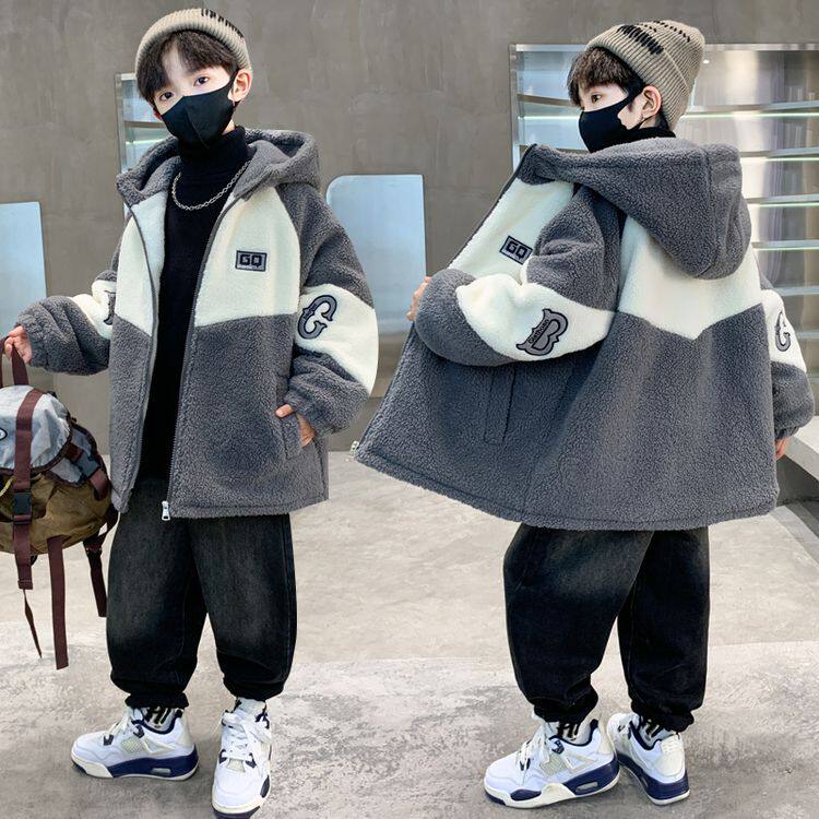 男童加厚外套2025新款棉衣羊羔绒毛毛衣洋气男孩棉袄加棉拼色棉服