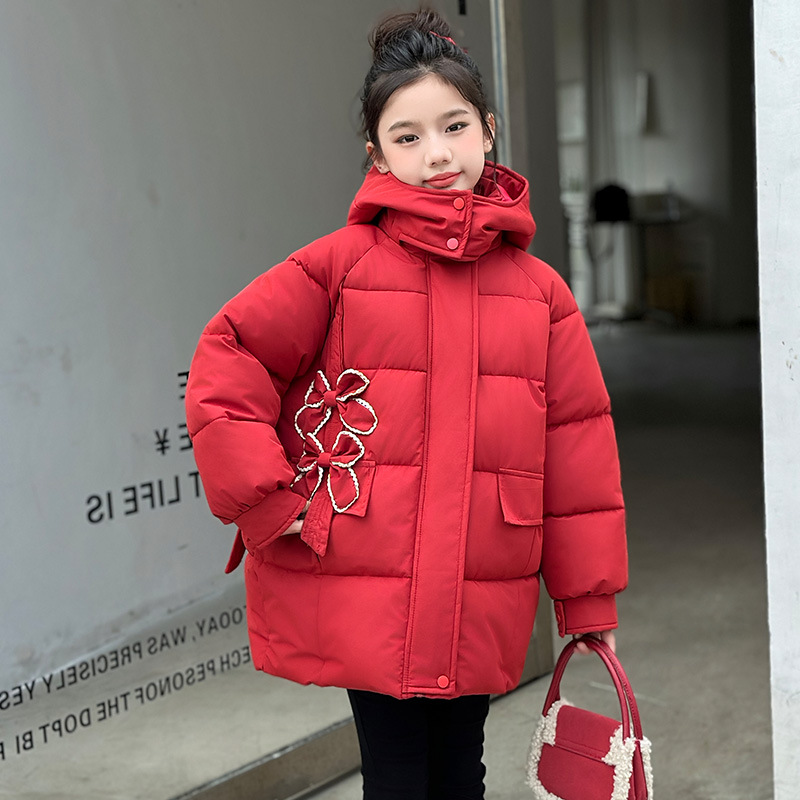 女童洋气拜年服羽绒棉服2025冬季新款中大童加厚蝴蝶结棉袄外套潮