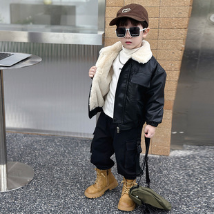 童装男童加绒皮衣外套秋冬装2025新款痞帅洋气宝宝冬季加厚