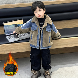 男童帅气冬季加绒牛仔外套2025新款儿童加厚时髦休闲上衣冬装